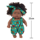 Doll with curly hair and a colorful headband, wearing a matching outfit, with a measurement label indicating its height.