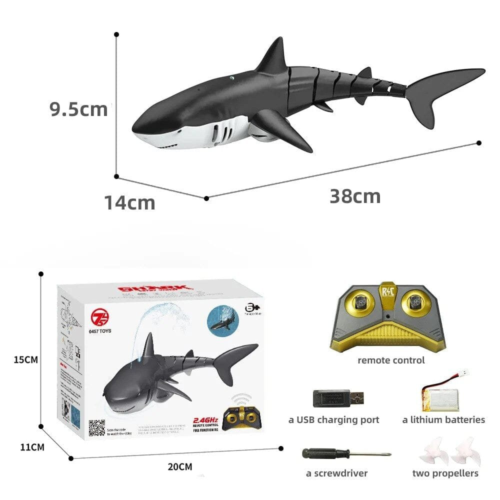 Measurement chart of a remote-controlled shark toy with packaging and accessories.