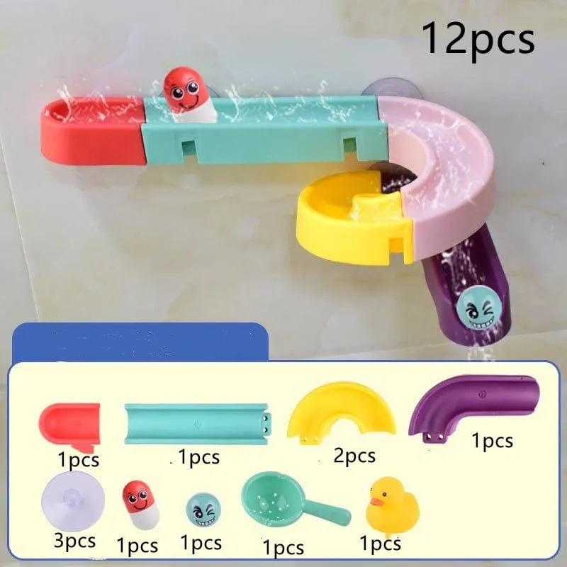 Colorful bath toy set with water features and small figures.
