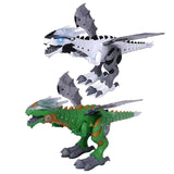 Two toy dinosaurs, one green and gray, the other white and gray