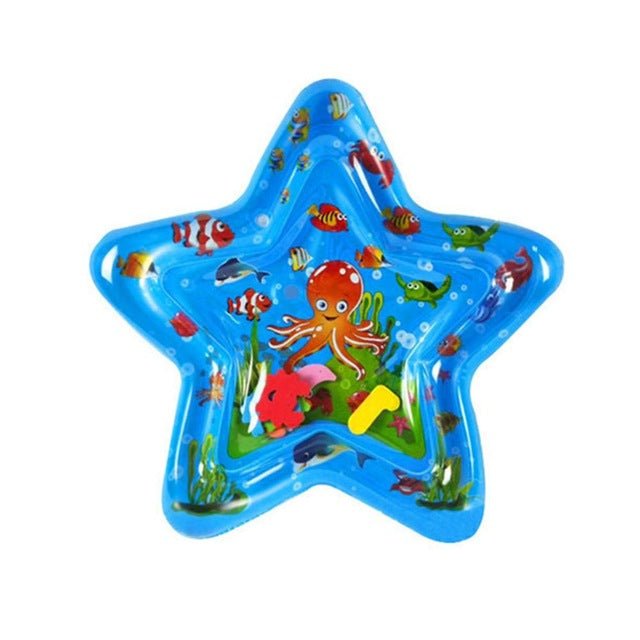 Star-shaped inflatable pool toy with ocean-themed design on a white background