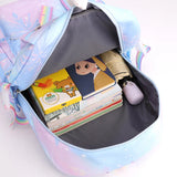 Backpack with colorful interior filled with books and stationery items.
