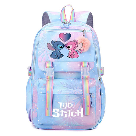 Backpack with cartoon characters and 'Lilo & Stitch' branding.