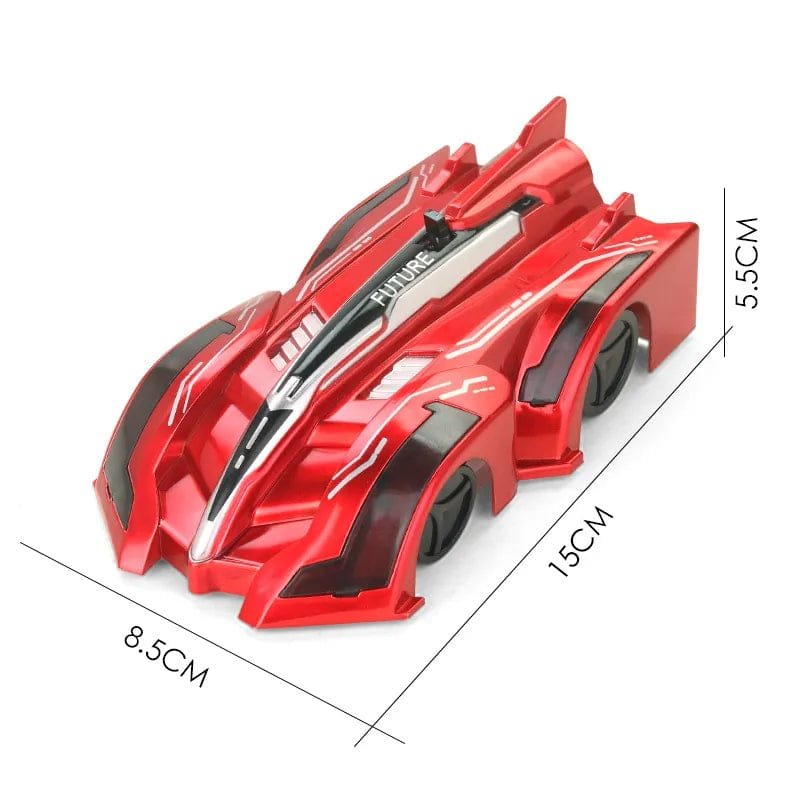 Red toy car with dimensions 