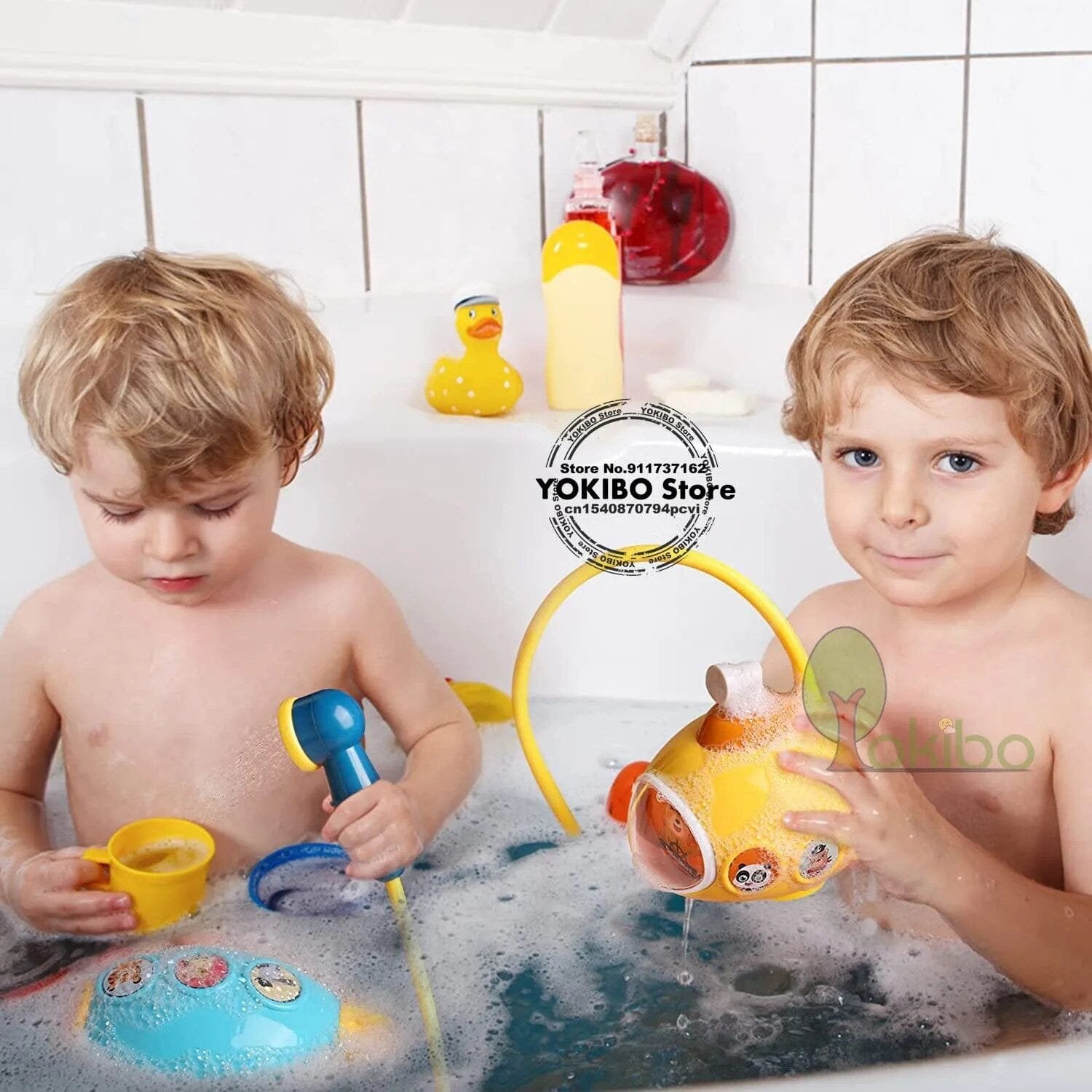 Two children playing in a bathtub with various bath toys, including a yellow rubber duck and a blue toy.