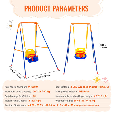 Children's swing set with measurements and product parameters