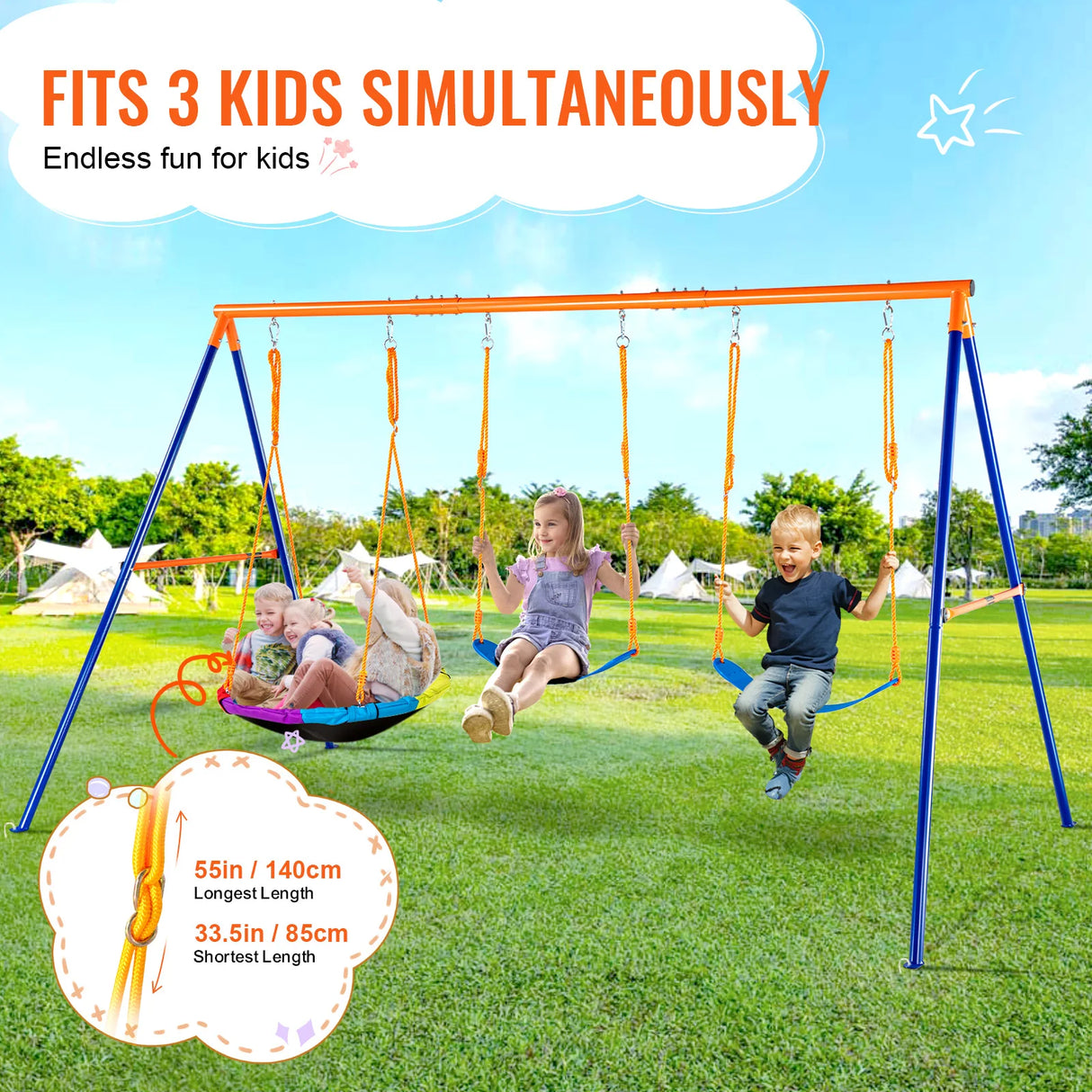 Children playing on a swing set with text indicating it fits three kids simultaneously.