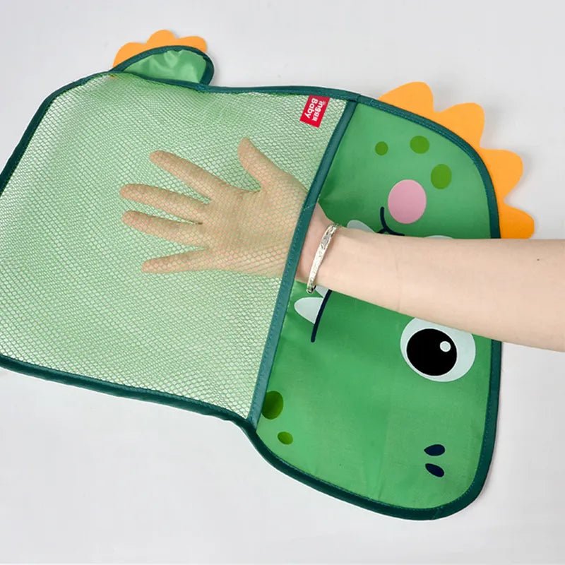 Green dinosaur-shaped sunshade with a hand inside.