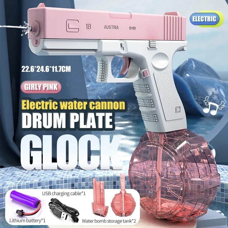 Pink electric water cannon with text and product details.