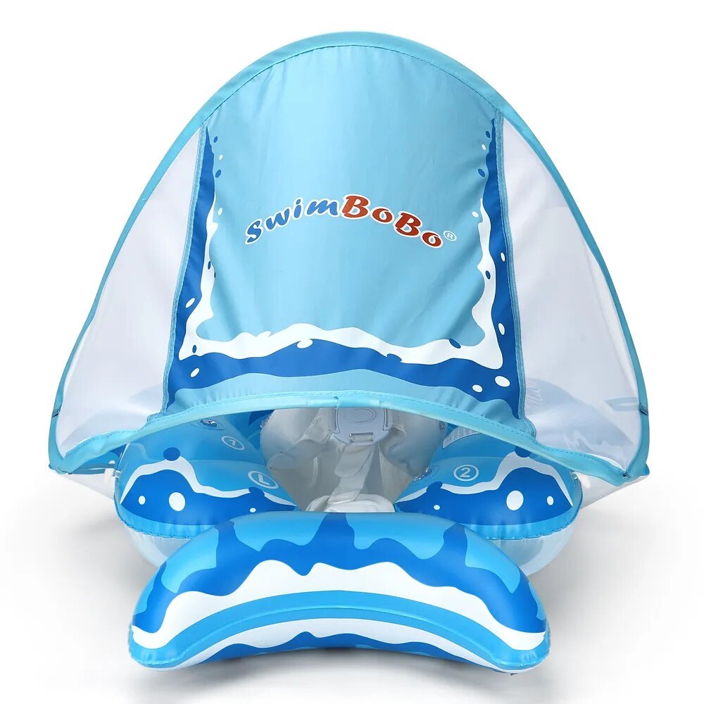 Blue inflatable baby pool with canopy labeled 'swimBoBo'.