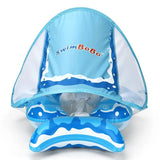 Blue inflatable baby pool with canopy labeled 'swimBoBo'.