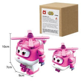 Pink toy helicopter with dimensions and packaging.