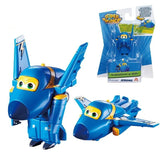 Blue robot toy with transformable design next to its packaging.