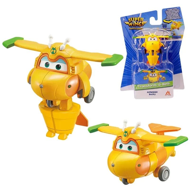 Toy airplane with a yellow body and green wings, next to its packaging.
