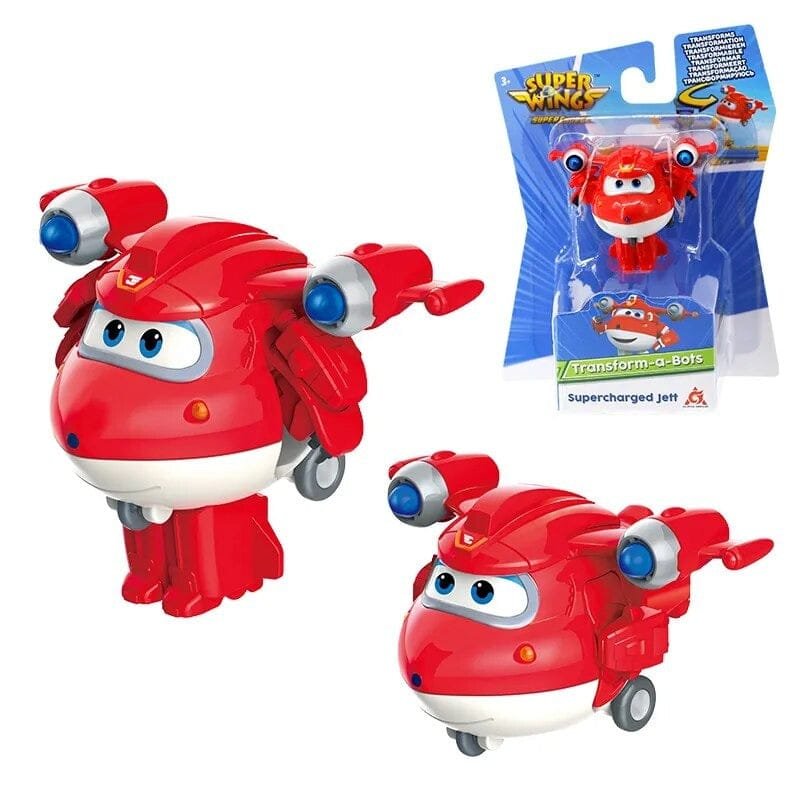 Red toy airplane with a blue propeller, next to its packaging featuring the Super Wings logo.