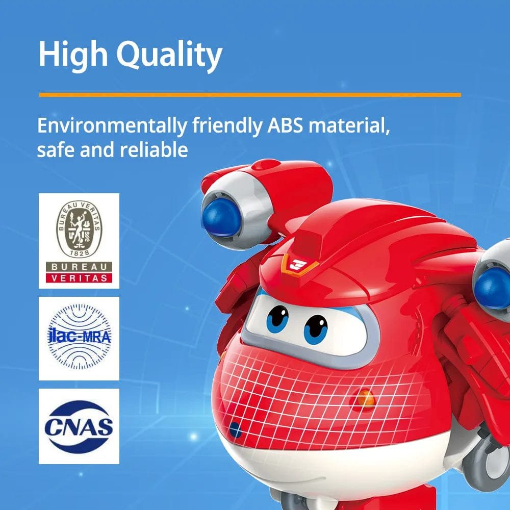 Red toy robot with blue accents on a blue background, featuring certification logos.