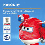 Red toy robot with blue accents on a blue background, featuring certification logos.