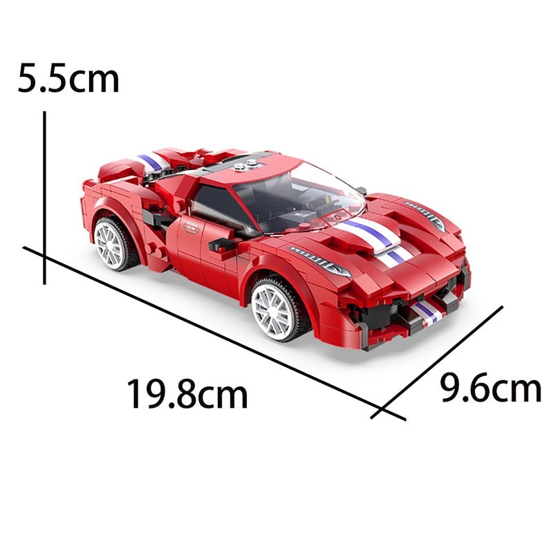 Red toy car with measurements.