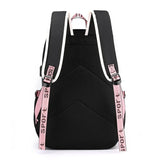 Black backpack with pink straps.