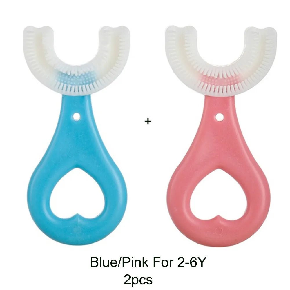 360-Degree U-Shaped Children's Toothbrush - Silicone Teeth Cleaner - Blue and pink S image