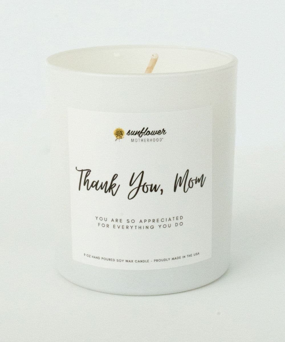 White candle with 'Thank You, Mom' message