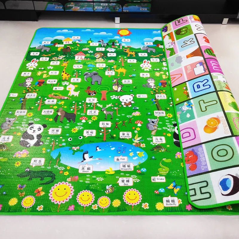 Colorful children's play mat with animals and letters on a white background