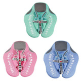 Three baby life jackets in green, pink, and blue on a white background