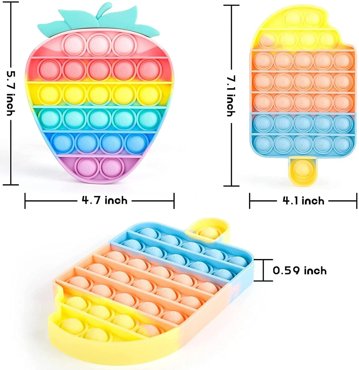 Three colorful pop-it toys with measurements on a white background