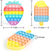 Three colorful pop-it toys with measurements on a white background