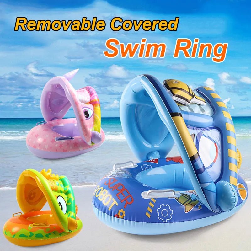 Three colorful swim rings with removable covers on a beach background