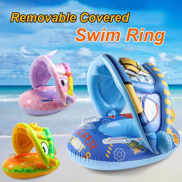 Three colorful swim rings with removable covers on a beach background