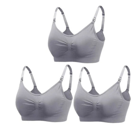 Three gray bras with thin straps on a white background