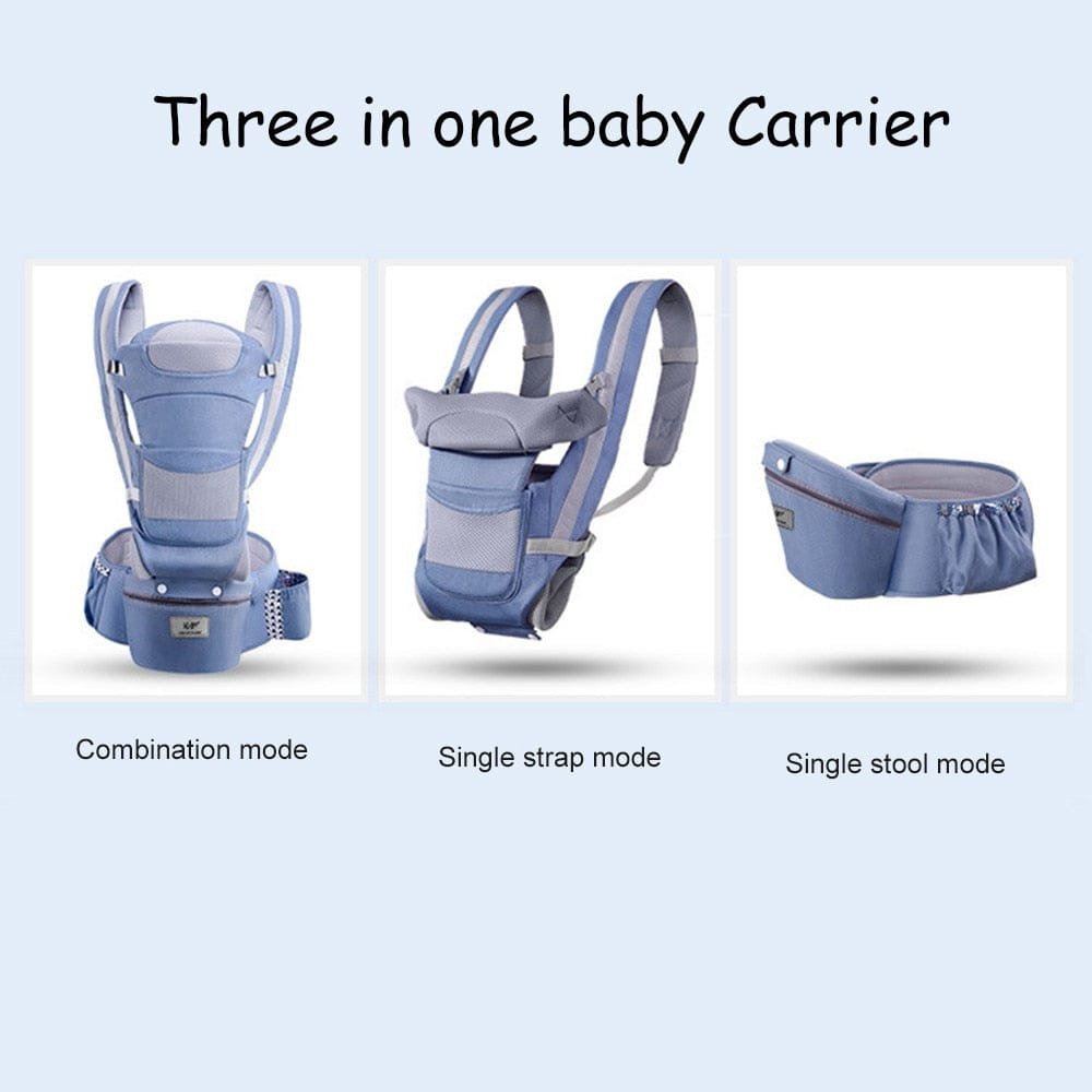 Three-in-one baby carrier with different modes on a light blue background
