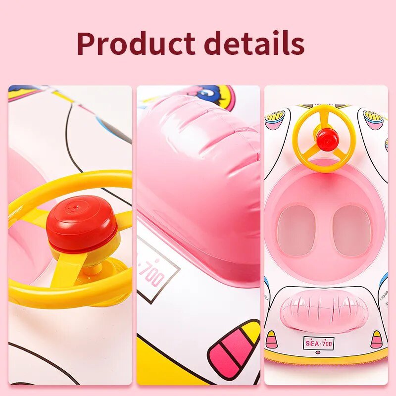 Three views of a pink toy car with steering wheel on a pink background