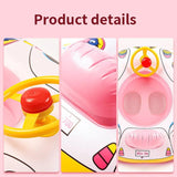 Three views of a pink toy car with steering wheel on a pink background