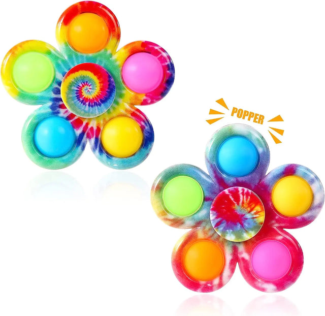 Colorful flower-shaped popper toy with tie-dye design.