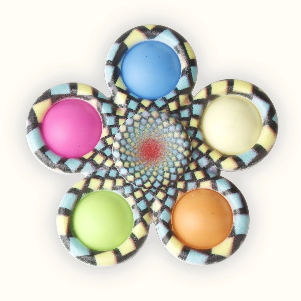 Colorful fidget spinner with a geometric pattern.