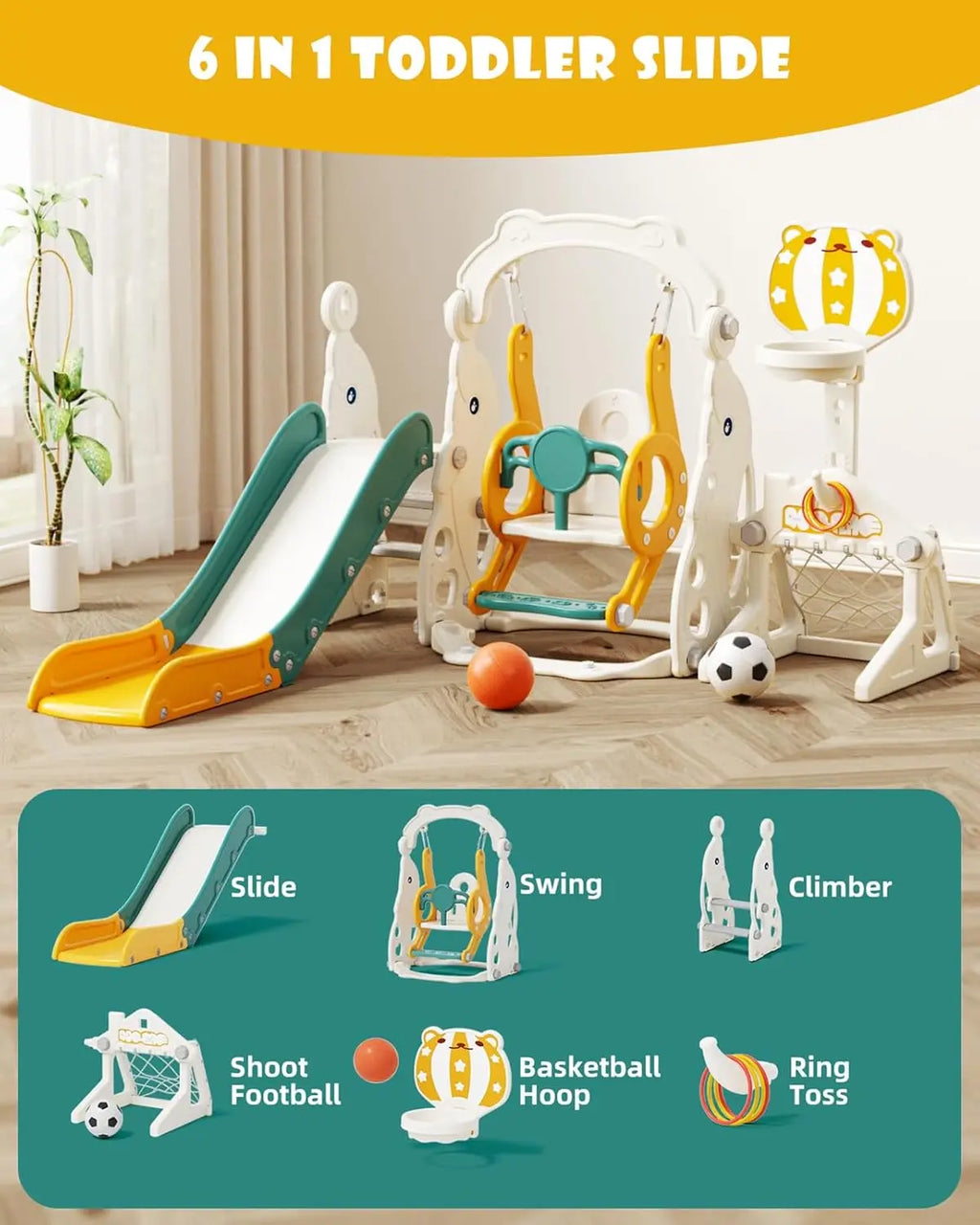 6-in-1 toddler slide set with multiple play components on a wooden floor.