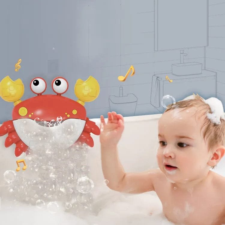 Child playing with a red crab toy in a bathtub filled with bubbles.