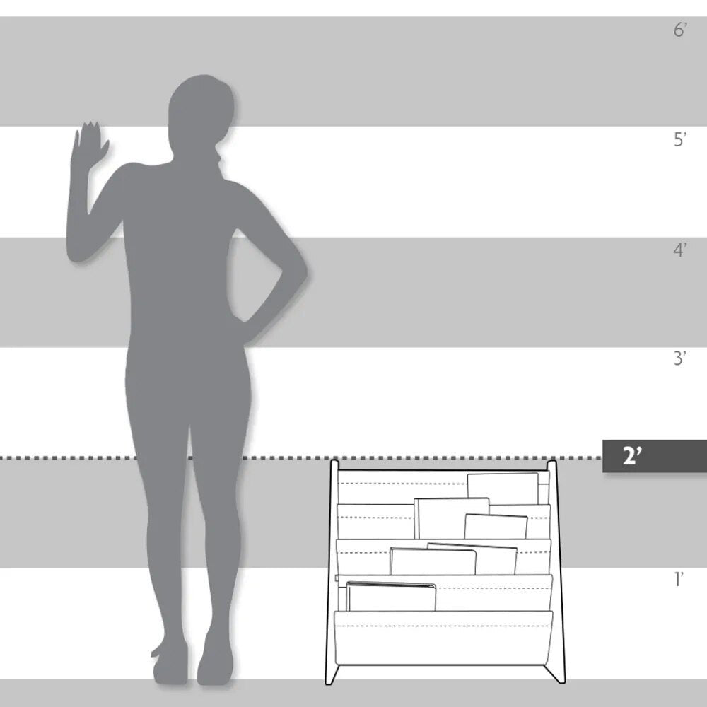 Silhouette of a person next to a bookshelf with height measurements on a gray background