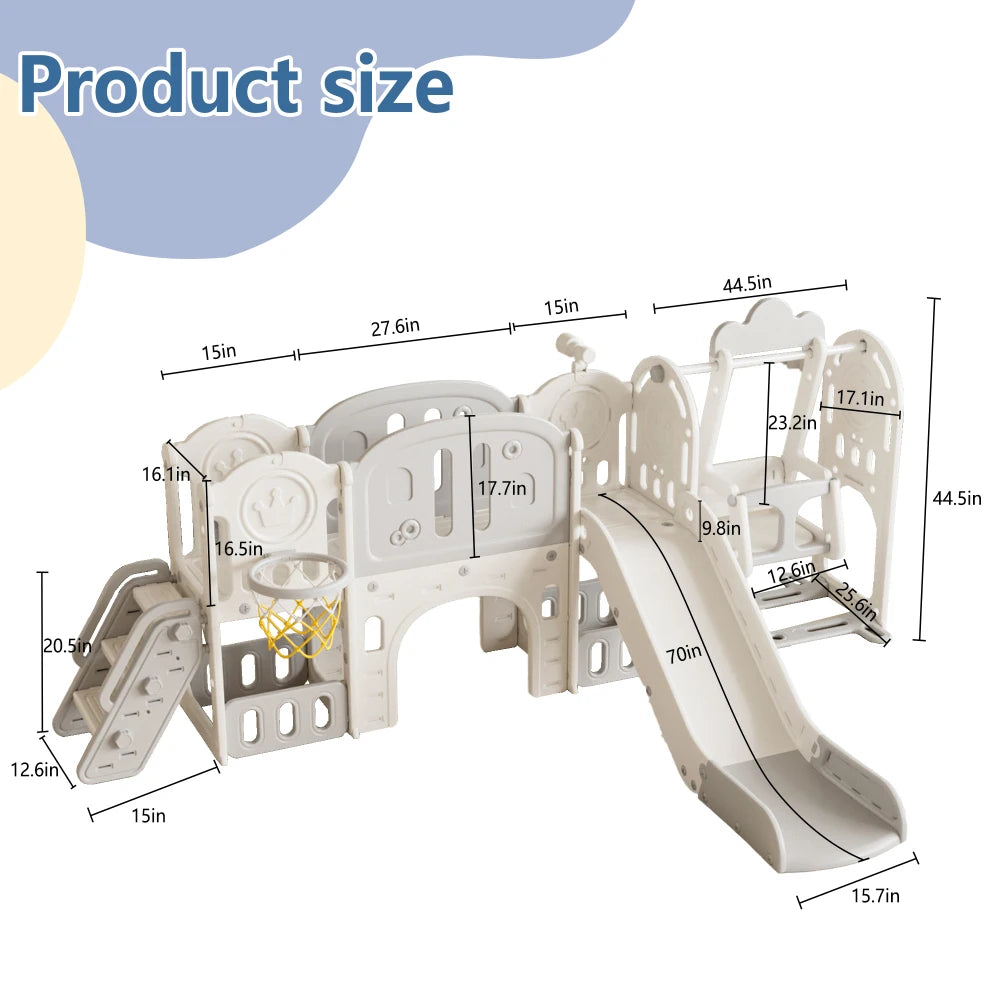 Measurement chart of a children's playground structure with dimensions labeled.