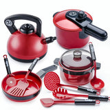 Red kitchen utensils set with pots, pans, and ladles 