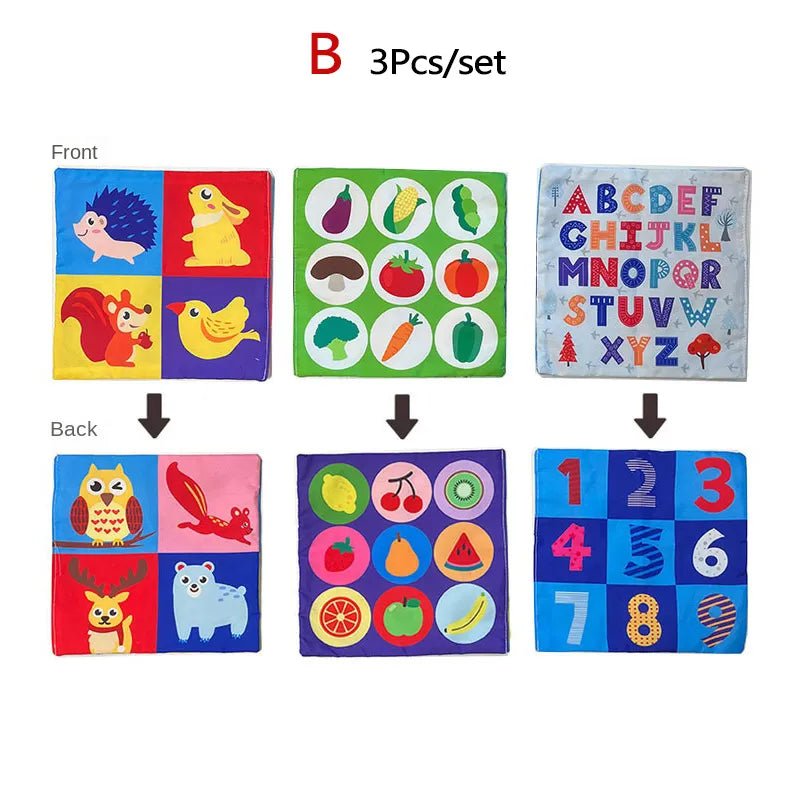 Set of three educational children's flashcards with animals, vegetables, and numbers.