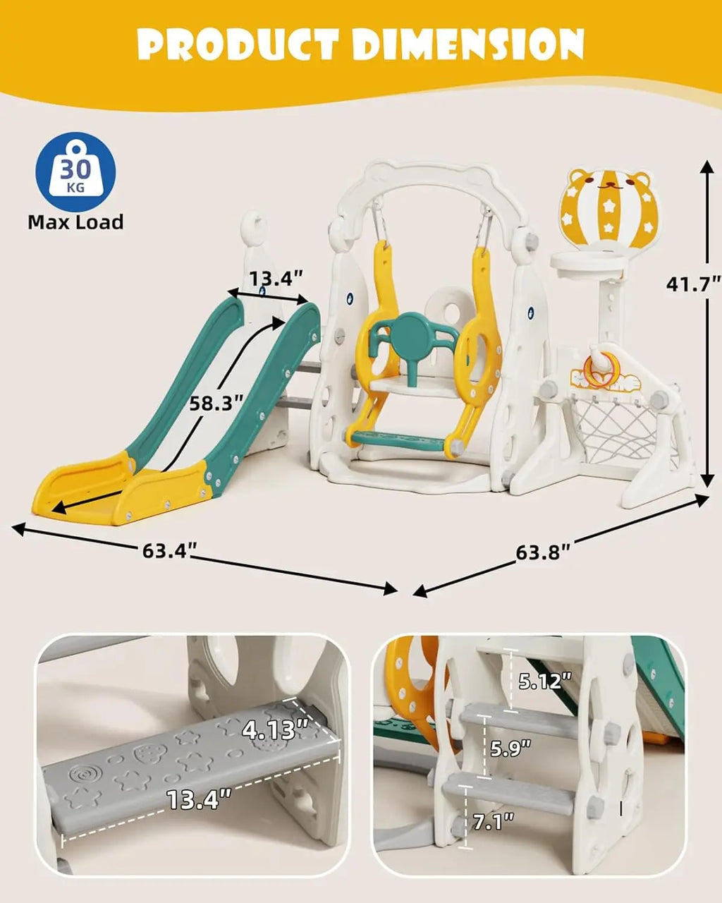 Dimensions of a children's swing set with measurements in inches.