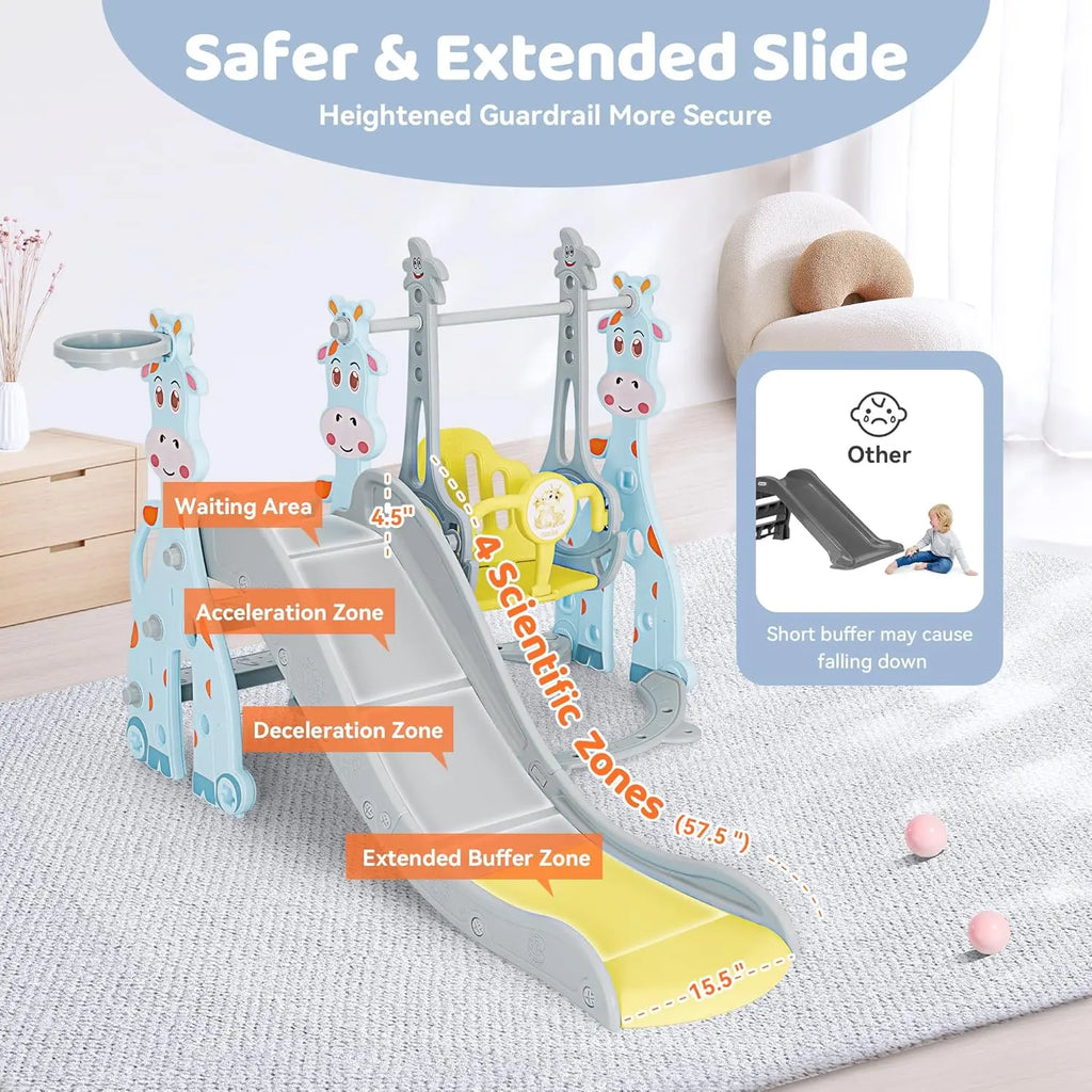 Children's play structure with slide and safety features labeled.