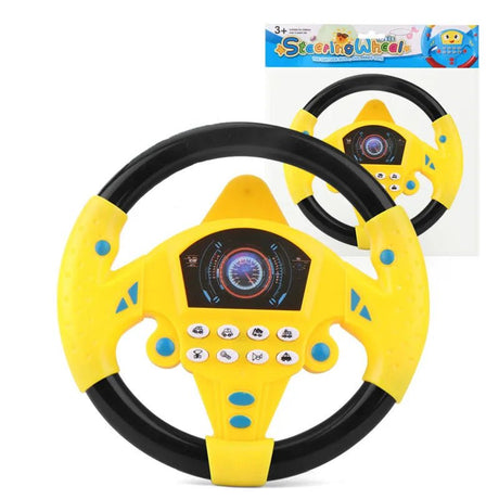 Yellow toy steering wheel with black rim 