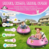 Two children playing with pink bumper cars in a backyard with features highlighted on a pink banner.