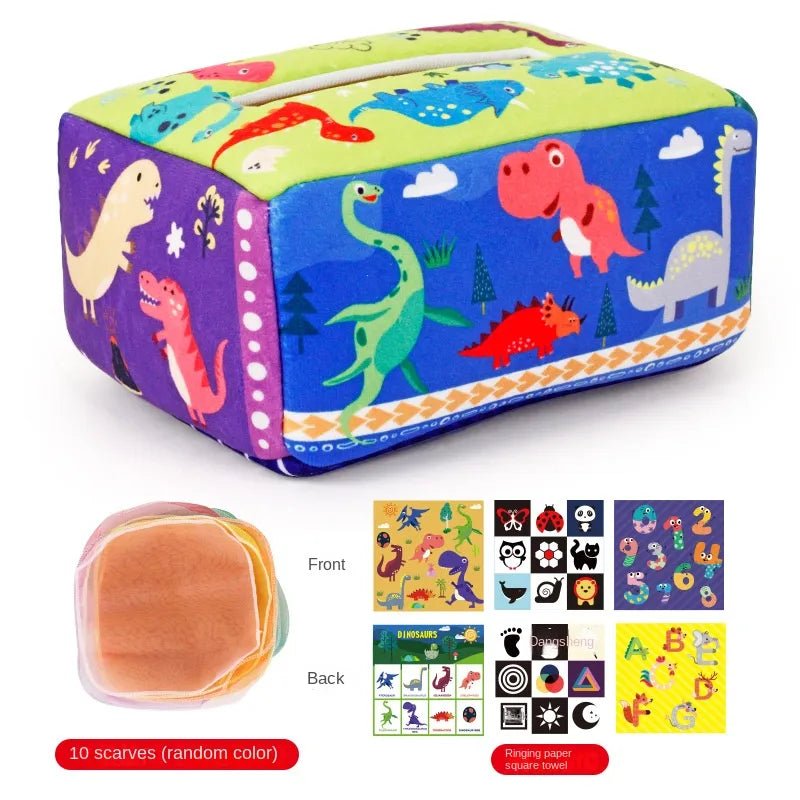 Colorful soft book with dinosaur illustrations and additional images