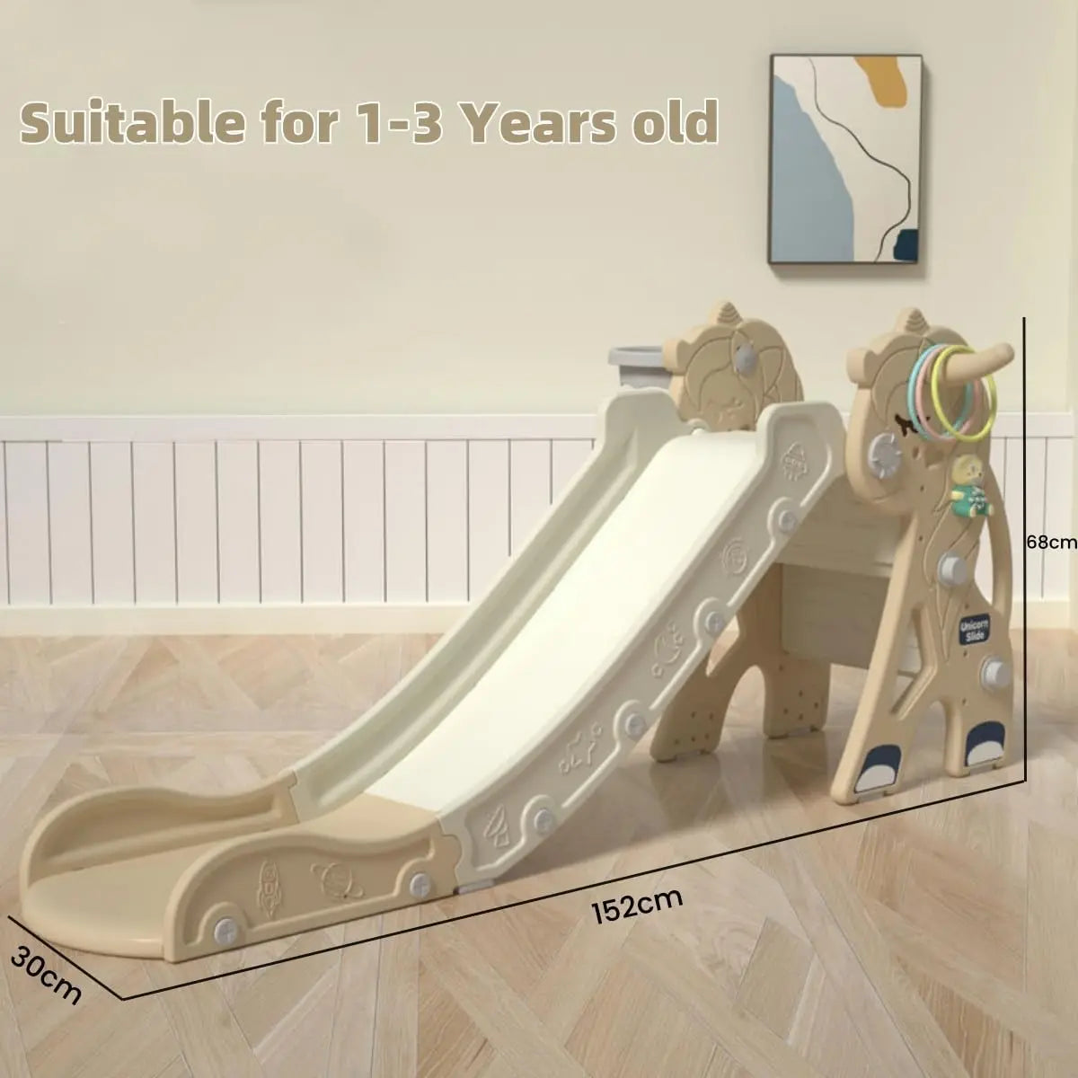 Children's slide with measurements and suitability for the age group.