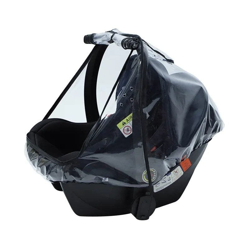 Black baby car seat with clear rain cover